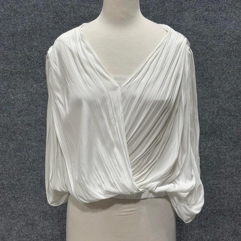 A.L.C. Blouse Womens Large White Pleated Dolman Sleeve Kimono V Neck Top